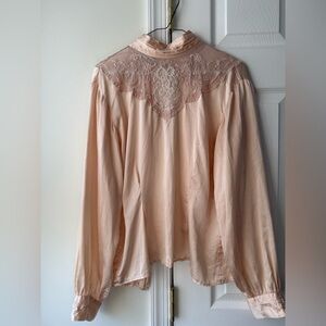 Paul Alexander Vintage Pink silk blouse and skirt set with lace and pearl detail